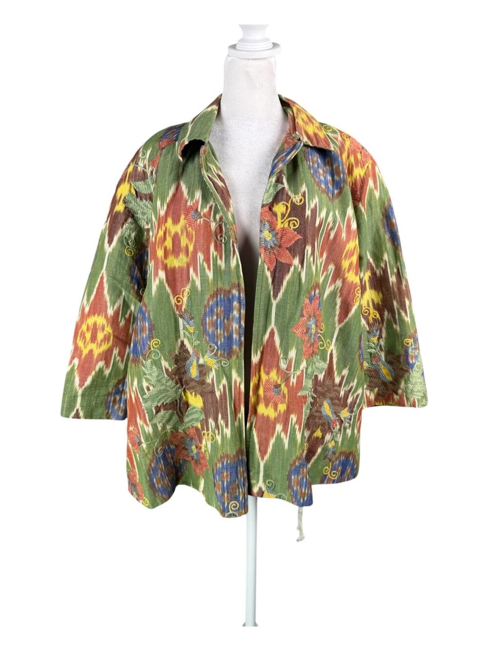 Coldwater Creek 1X Linen Blend Open Front Embroidered Jacket Green Rust Lined